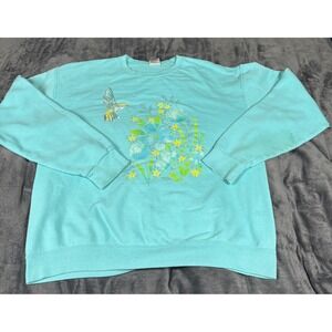 Jerzees Nublend‎ Sweatshirt Medium Teal Hummingbird Floral Graphic Pullover